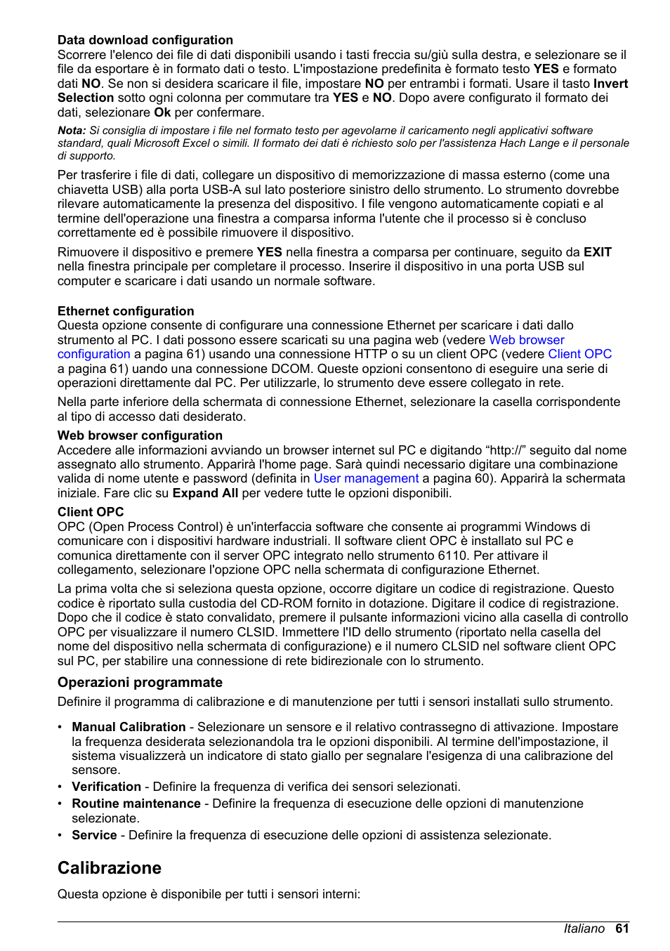 Data download configuration, Ethernet configuration, Web browser configuration | Client opc, Operazioni programmate, Calibrazione, Vedere | Hach-Lange ORBISPHERE 6110 Basic User Manual User Manual | Page 61 / 302