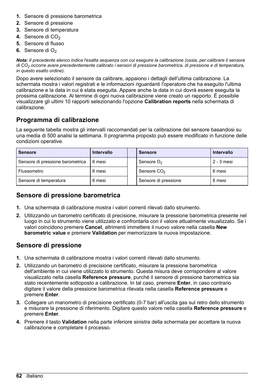 Programma di calibrazione, Sensore di pressione barometrica, Sensore di pressione | Barometrica | Hach-Lange ORBISPHERE 6110 Basic User Manual User Manual | Page 62 / 302