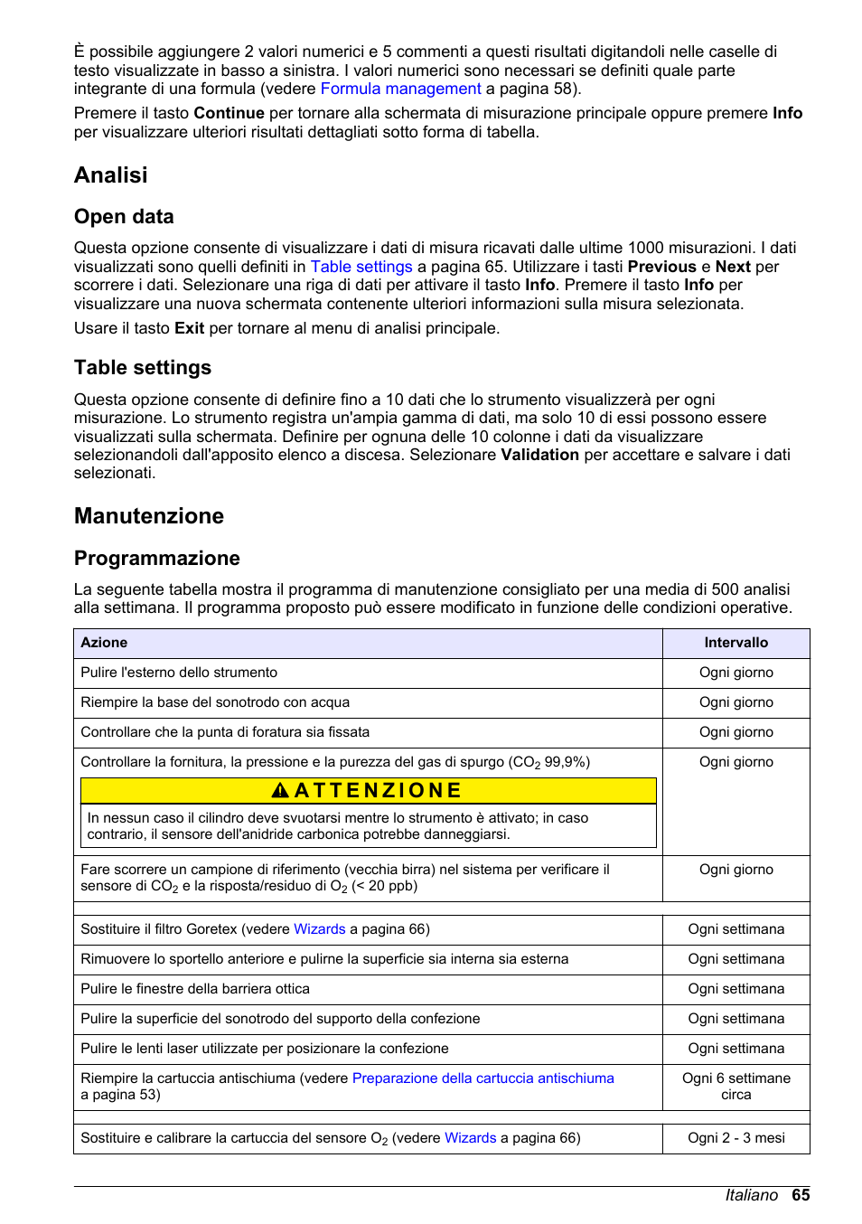 Analisi, Open data, Table settings | Manutenzione, Programmazione, Vedere | Hach-Lange ORBISPHERE 6110 Basic User Manual User Manual | Page 65 / 302