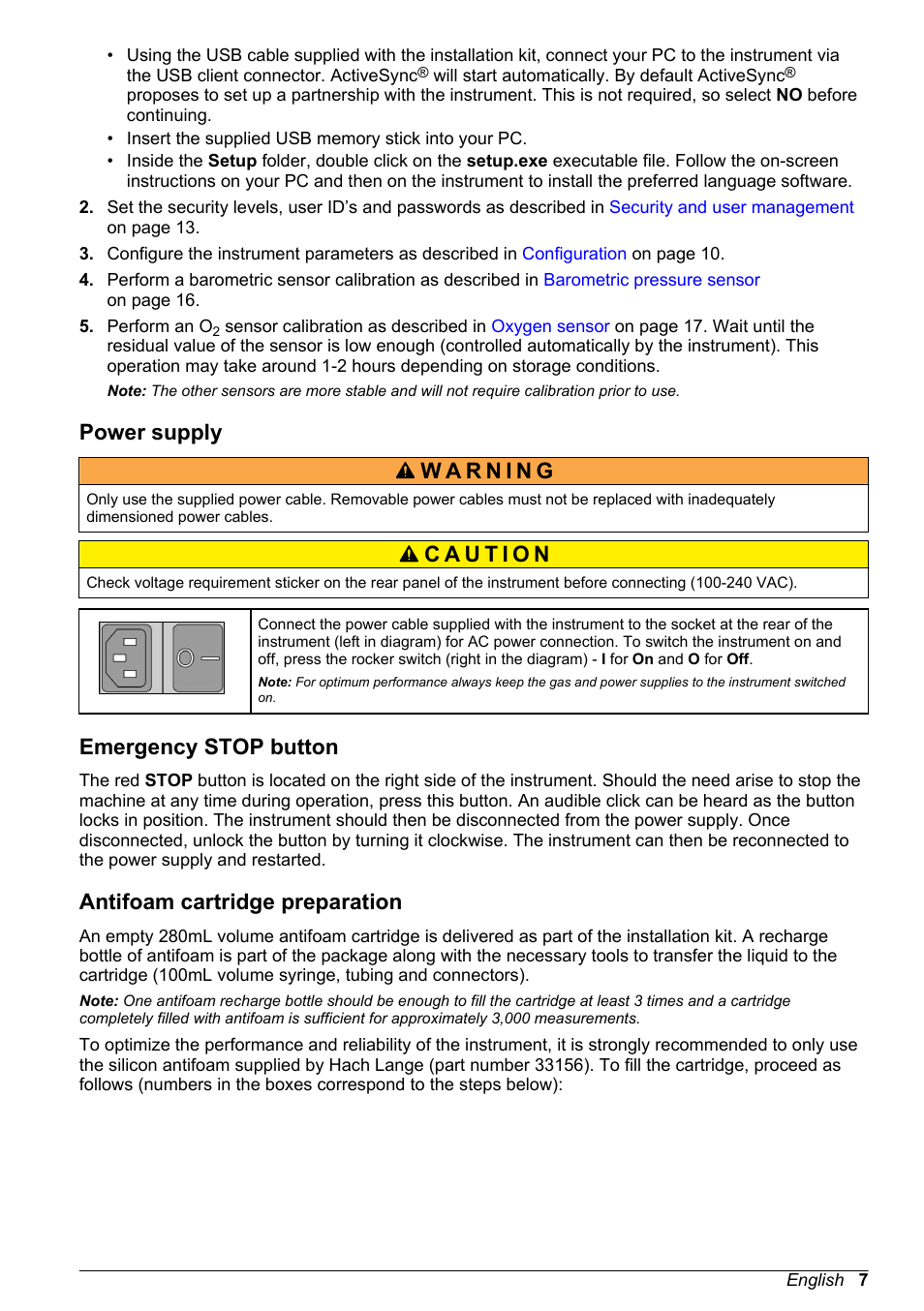 Power supply, Emergency stop button, Antifoam cartridge preparation | Antifoam cartridge, Preparation | Hach-Lange ORBISPHERE 6110 Basic User Manual User Manual | Page 7 / 302