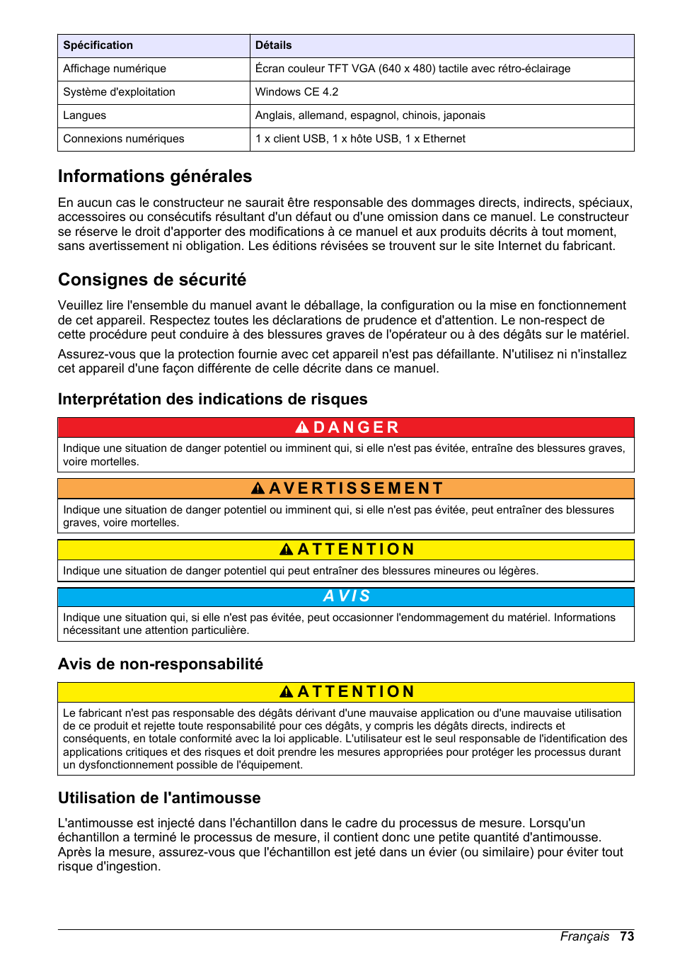 Informations générales, Consignes de sécurité, Interprétation des indications de risques | Avis de non-responsabilité, Utilisation de l'antimousse, A v i s | Hach-Lange ORBISPHERE 6110 Basic User Manual User Manual | Page 73 / 302