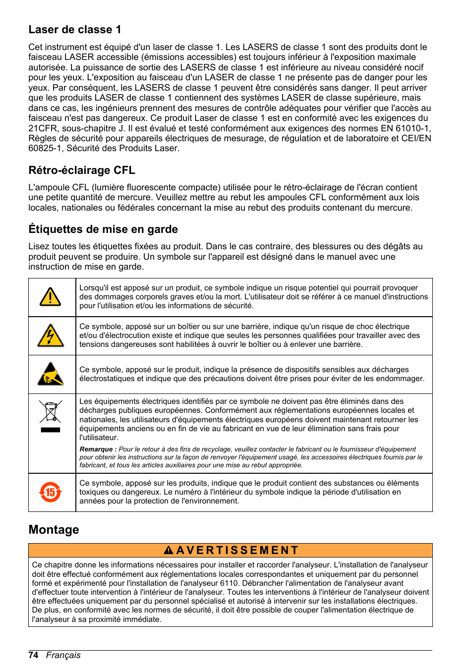 Laser de classe 1, Rétro-éclairage cfl, Étiquettes de mise en garde | Montage | Hach-Lange ORBISPHERE 6110 Basic User Manual User Manual | Page 74 / 302