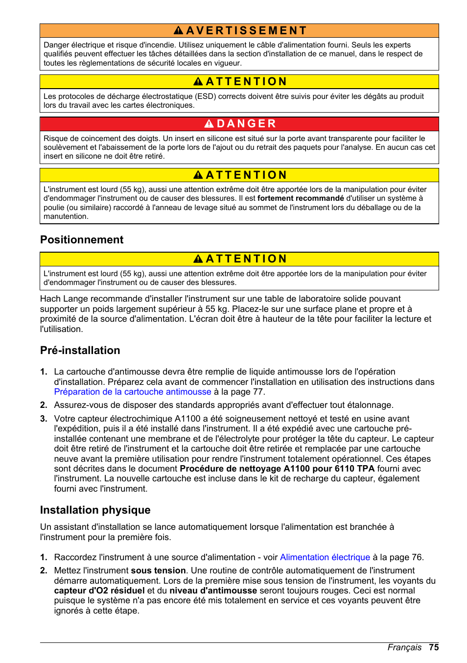 Positionnement, Pré-installation, Installation physique | Hach-Lange ORBISPHERE 6110 Basic User Manual User Manual | Page 75 / 302