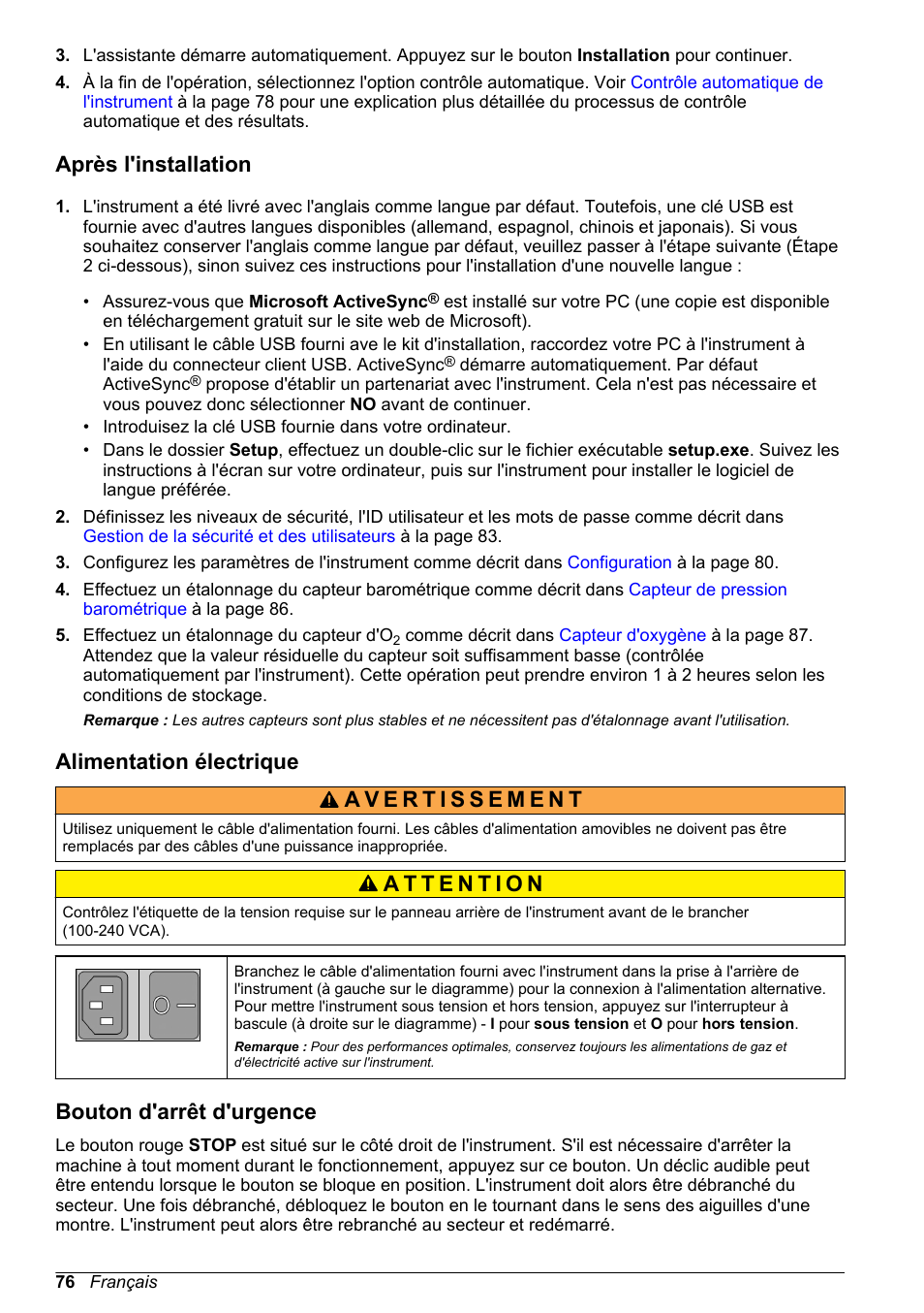 Après l'installation, Alimentation électrique, Bouton d'arrêt d'urgence | Hach-Lange ORBISPHERE 6110 Basic User Manual User Manual | Page 76 / 302