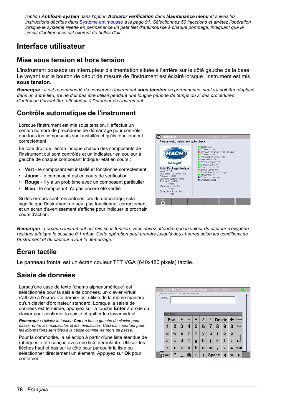 Interface utilisateur, Mise sous tension et hors tension, Contrôle automatique de l'instrument | Écran tactile, Saisie de données, Contrôle automatique de, L'instrument | Hach-Lange ORBISPHERE 6110 Basic User Manual User Manual | Page 78 / 302
