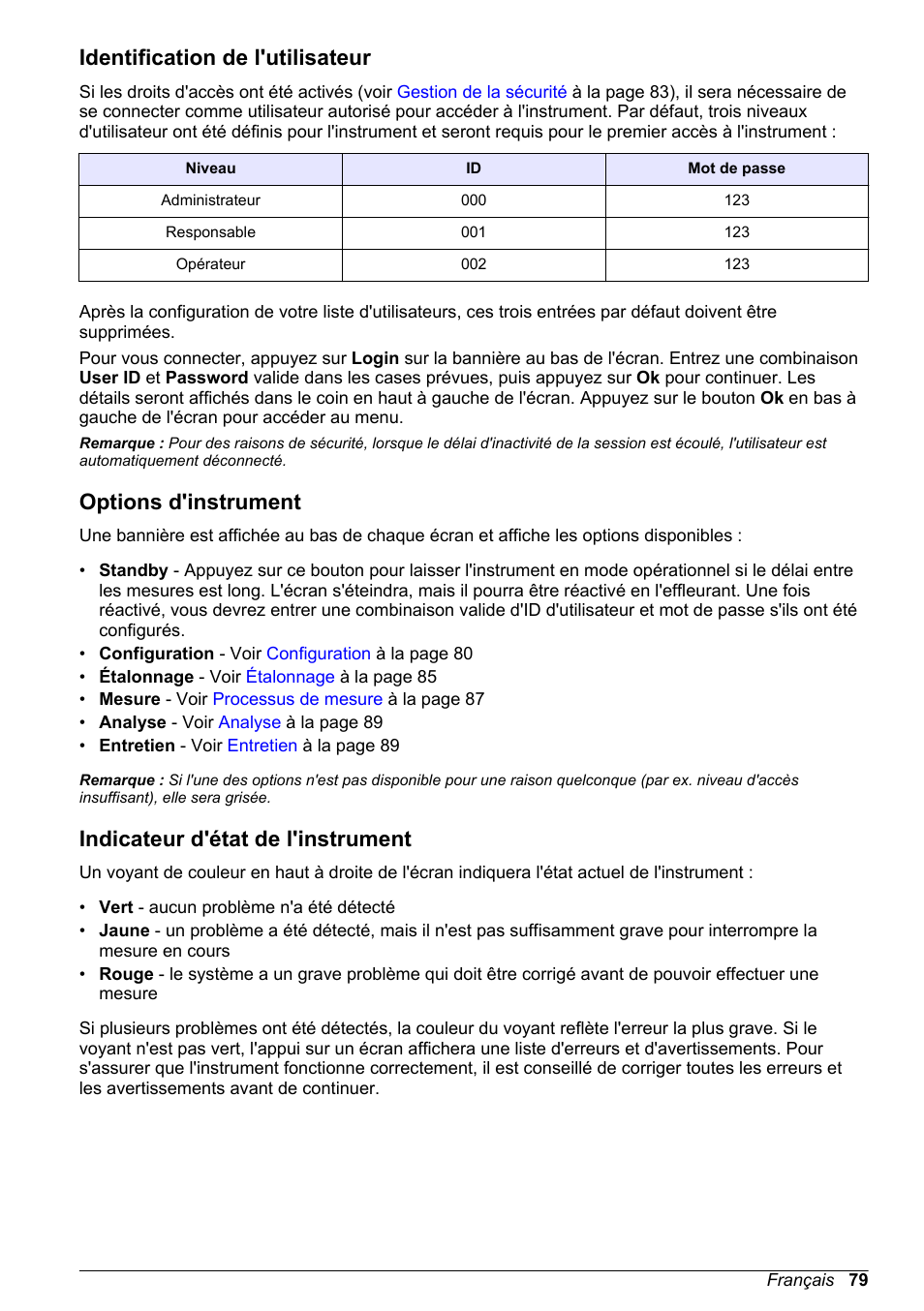 Identification de l'utilisateur, Options d'instrument, Indicateur d'état de l'instrument | Hach-Lange ORBISPHERE 6110 Basic User Manual User Manual | Page 79 / 302