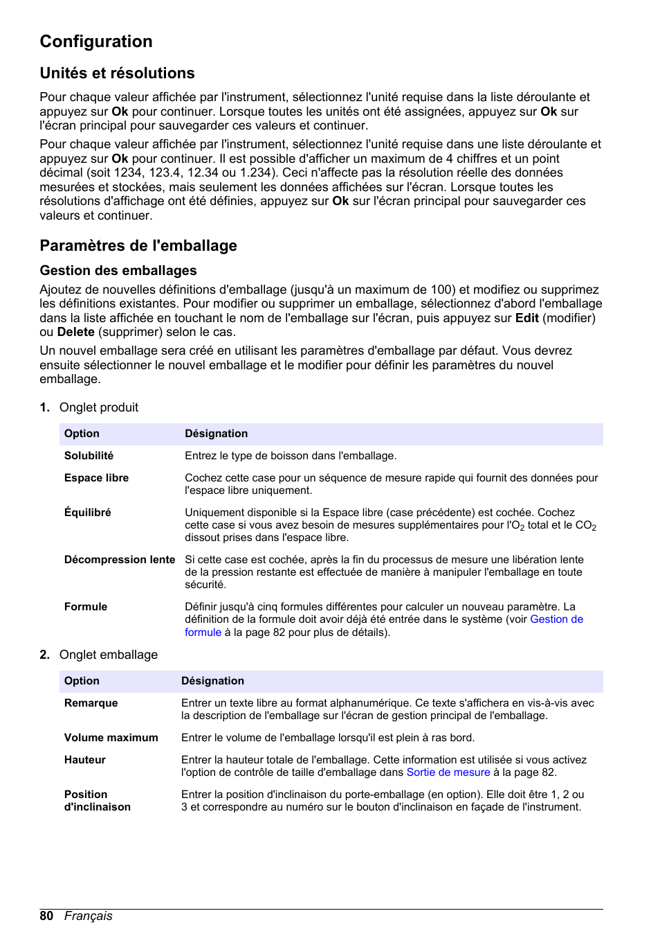 Configuration, Unités et résolutions, Paramètres de l'emballage | Gestion des emballages | Hach-Lange ORBISPHERE 6110 Basic User Manual User Manual | Page 80 / 302