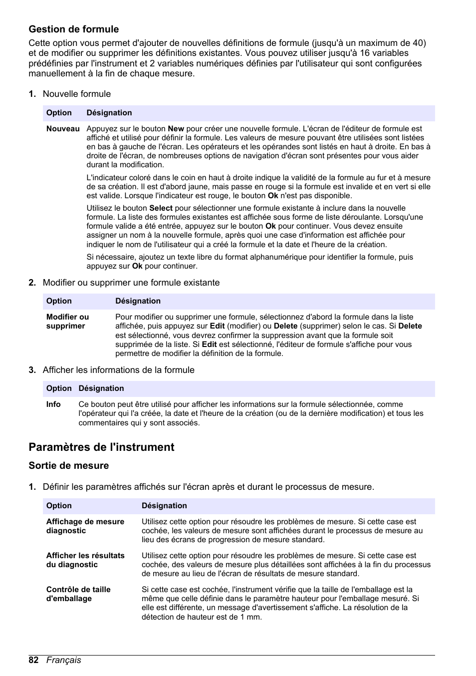 Gestion de formule, Paramètres de l'instrument, Sortie de mesure | Gestion de, Formule, L'option de contrôle de taille d'emballage dans | Hach-Lange ORBISPHERE 6110 Basic User Manual User Manual | Page 82 / 302
