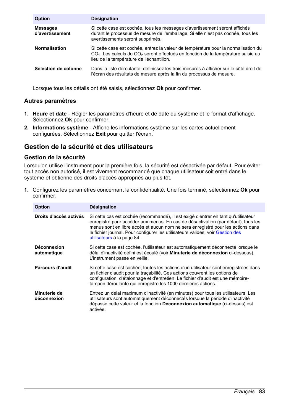 Autres paramètres, Gestion de la sécurité et des utilisateurs, Gestion de la sécurité | Si les droits d'accès ont été activés (voir | Hach-Lange ORBISPHERE 6110 Basic User Manual User Manual | Page 83 / 302