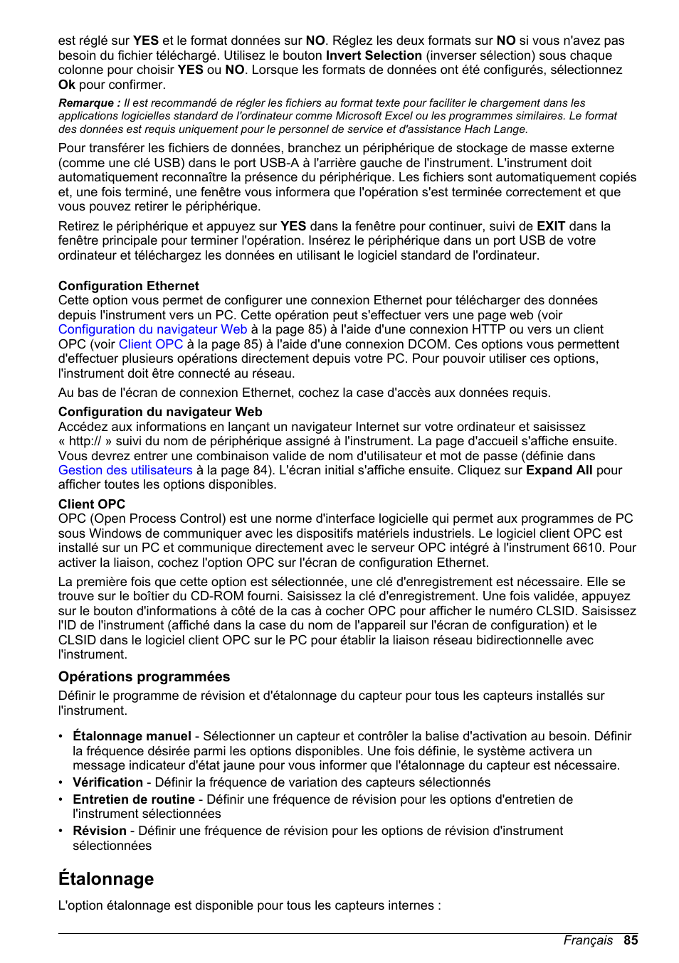 Configuration ethernet, Configuration du navigateur web, Client opc | Opérations programmées, Étalonnage | Hach-Lange ORBISPHERE 6110 Basic User Manual User Manual | Page 85 / 302