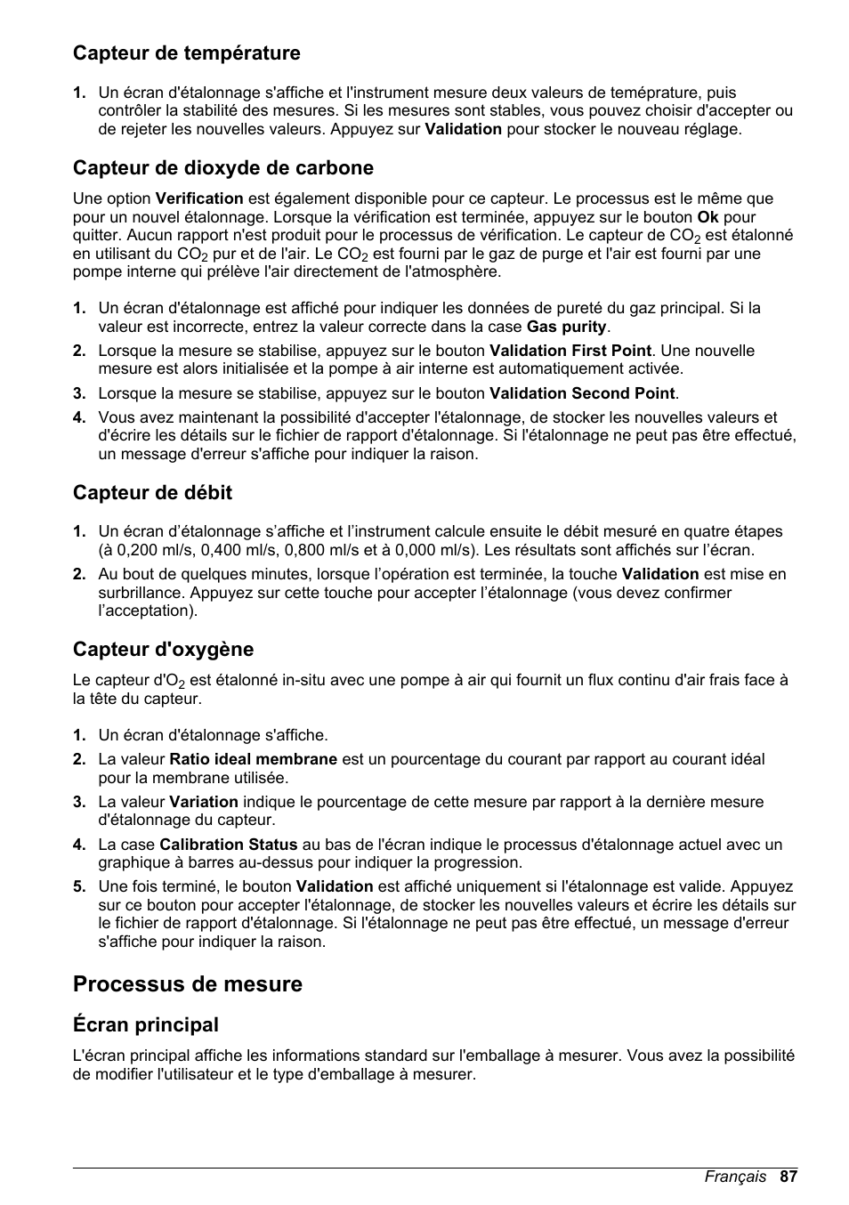 Capteur de température, Capteur de dioxyde de carbone, Capteur de débit | Capteur d'oxygène, Processus de mesure, Écran principal, Voir | Hach-Lange ORBISPHERE 6110 Basic User Manual User Manual | Page 87 / 302