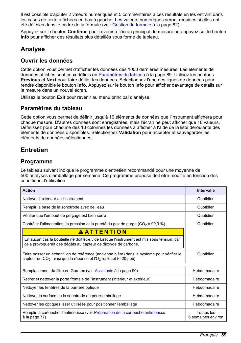 Analyse, Ouvrir les données, Paramètres du tableau | Entretien, Programme, Voir | Hach-Lange ORBISPHERE 6110 Basic User Manual User Manual | Page 89 / 302