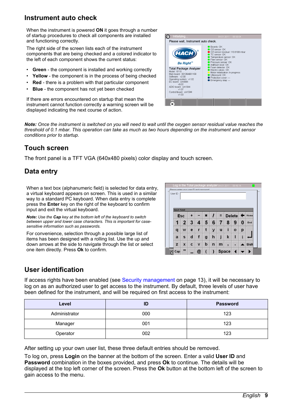 Instrument auto check, Touch screen, Data entry | User identification | Hach-Lange ORBISPHERE 6110 Basic User Manual User Manual | Page 9 / 302