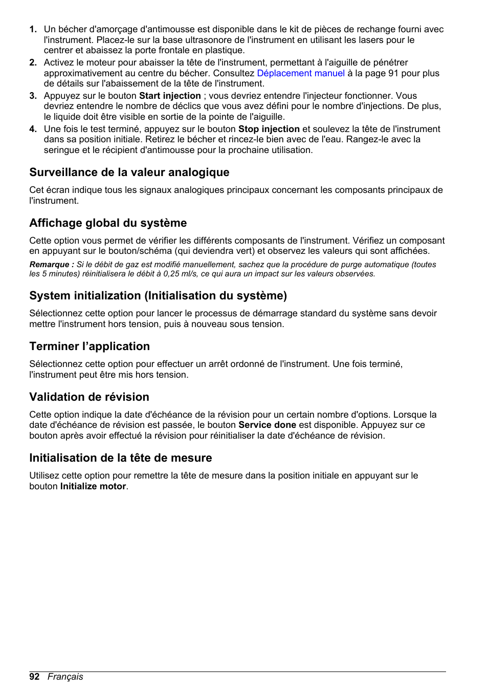 Surveillance de la valeur analogique, Affichage global du système, System initialization (initialisation du système) | Terminer l’application, Validation de révision, Initialisation de la tête de mesure | Hach-Lange ORBISPHERE 6110 Basic User Manual User Manual | Page 92 / 302