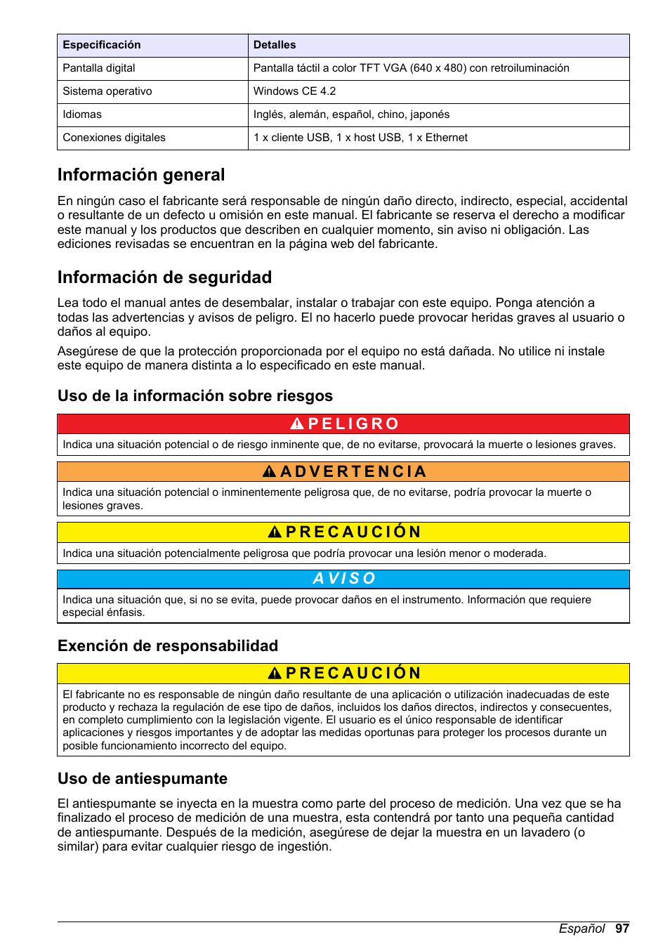 Información general, Información de seguridad, Uso de la información sobre riesgos | Exención de responsabilidad, Uso de antiespumante | Hach-Lange ORBISPHERE 6110 Basic User Manual User Manual | Page 97 / 302