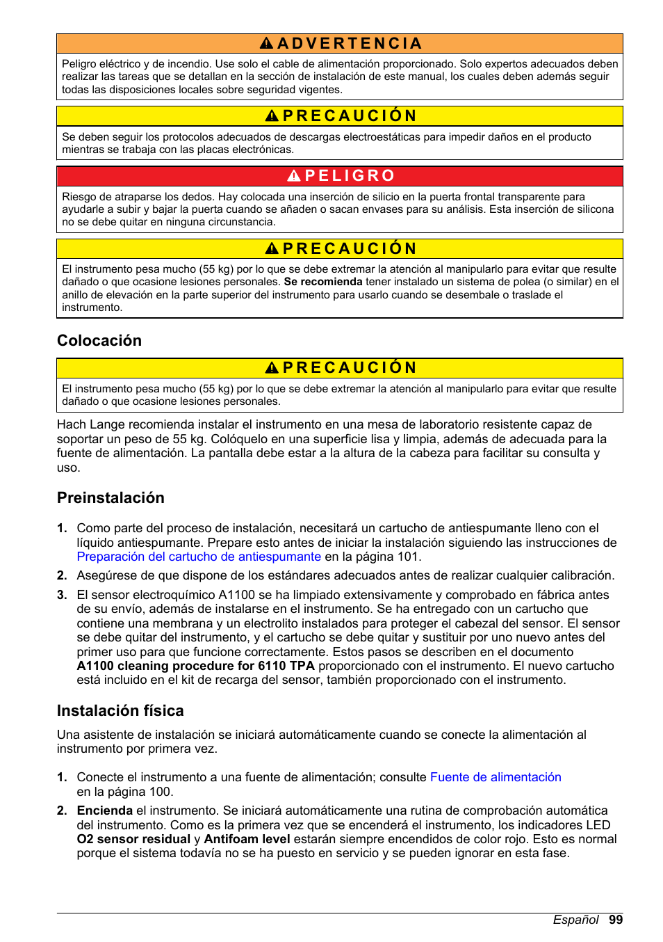 Colocación, Preinstalación, Instalación física | Hach-Lange ORBISPHERE 6110 Basic User Manual User Manual | Page 99 / 302