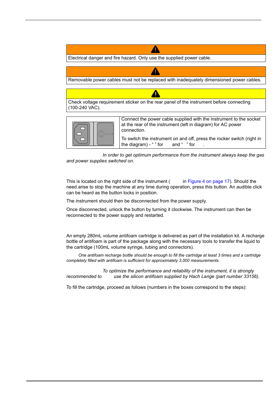 2 power supply, 3 emergency stop button, 4 antifoam cartridge preparation | Antifoam cartridge, Installation 3.5.2 power supply | Hach-Lange ORBISPHERE 6110 User Manual User Manual | Page 25 / 76