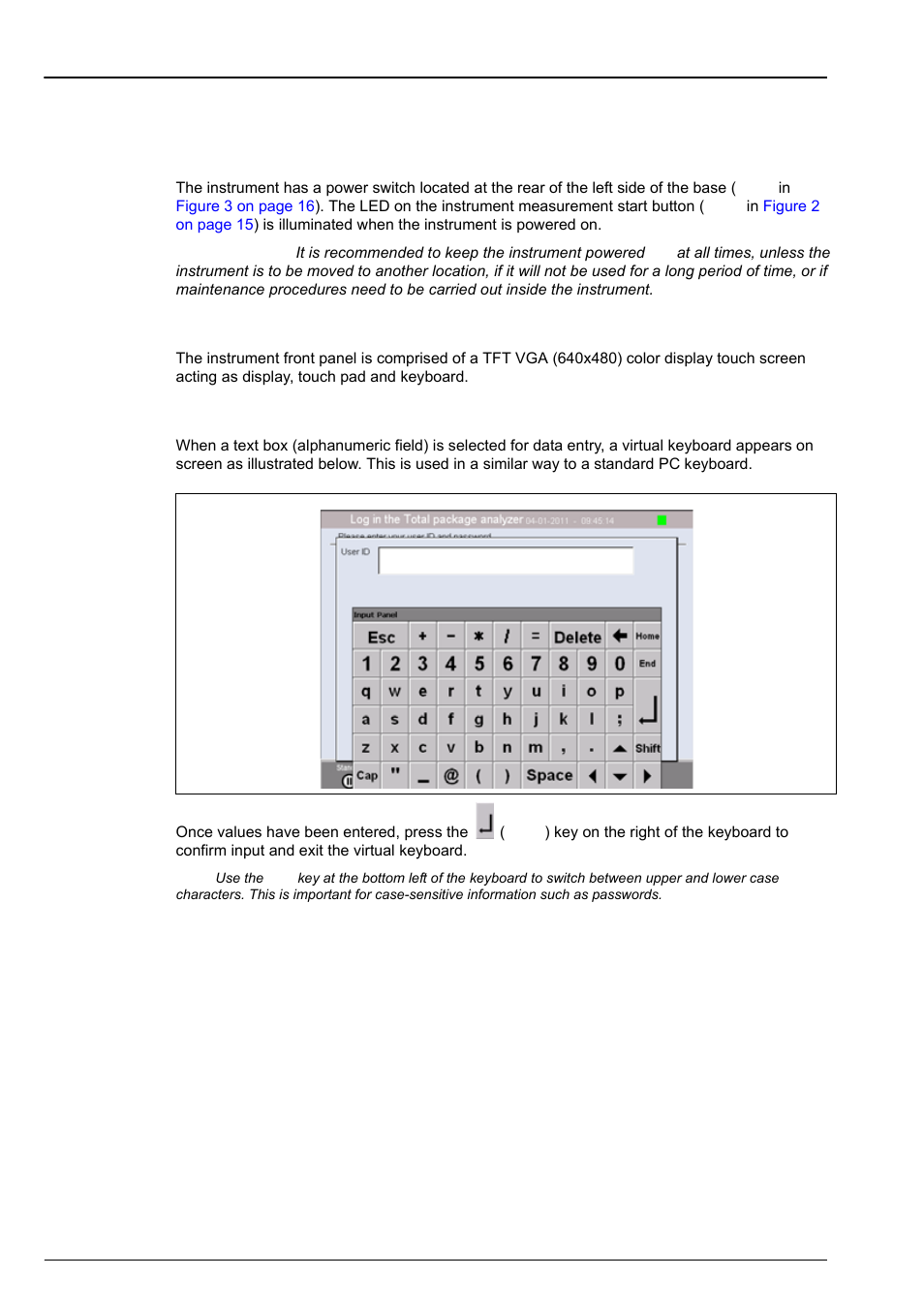 Section 4 user interface and startup, 1 user interface, 1 turning the instrument on and off | 2 touch screen, 3 data entry | Hach-Lange ORBISPHERE 6110 User Manual User Manual | Page 29 / 76