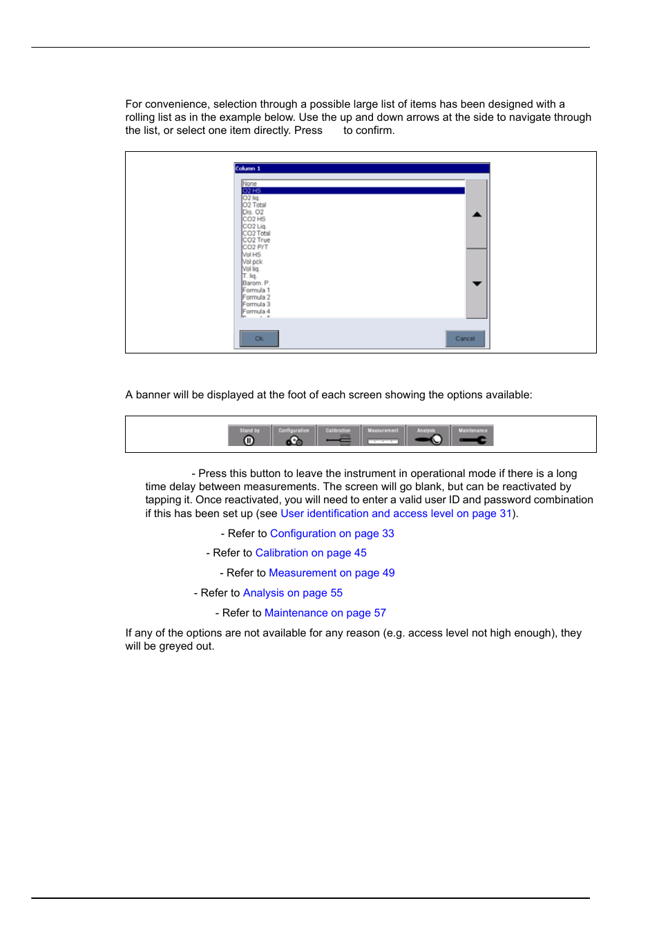 4 rolling lists, 5 instrument options, 4 rolling lists 4.1.5 instrument options | User interface and startup 4.1.4 rolling lists | Hach-Lange ORBISPHERE 6110 User Manual User Manual | Page 30 / 76