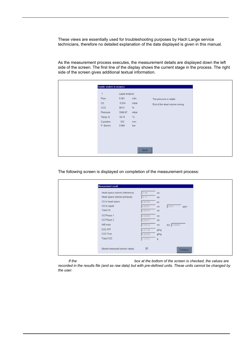2 diagnostic measurement and results views, 1 measurement view, 2 results view | 1 measurement view 7.2.2 results view | Hach-Lange ORBISPHERE 6110 User Manual User Manual | Page 55 / 76