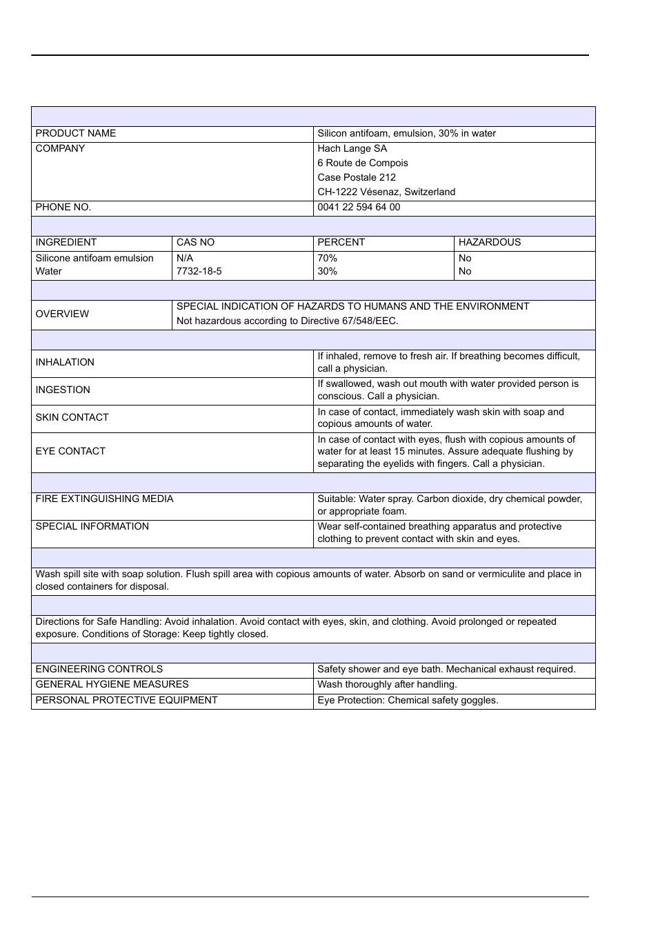 Section 12 material safety data sheets (msds), 1 silicon antifoam (part number 33156), Silicon antifoam (part number | Hach-Lange ORBISPHERE 6110 User Manual User Manual | Page 71 / 76