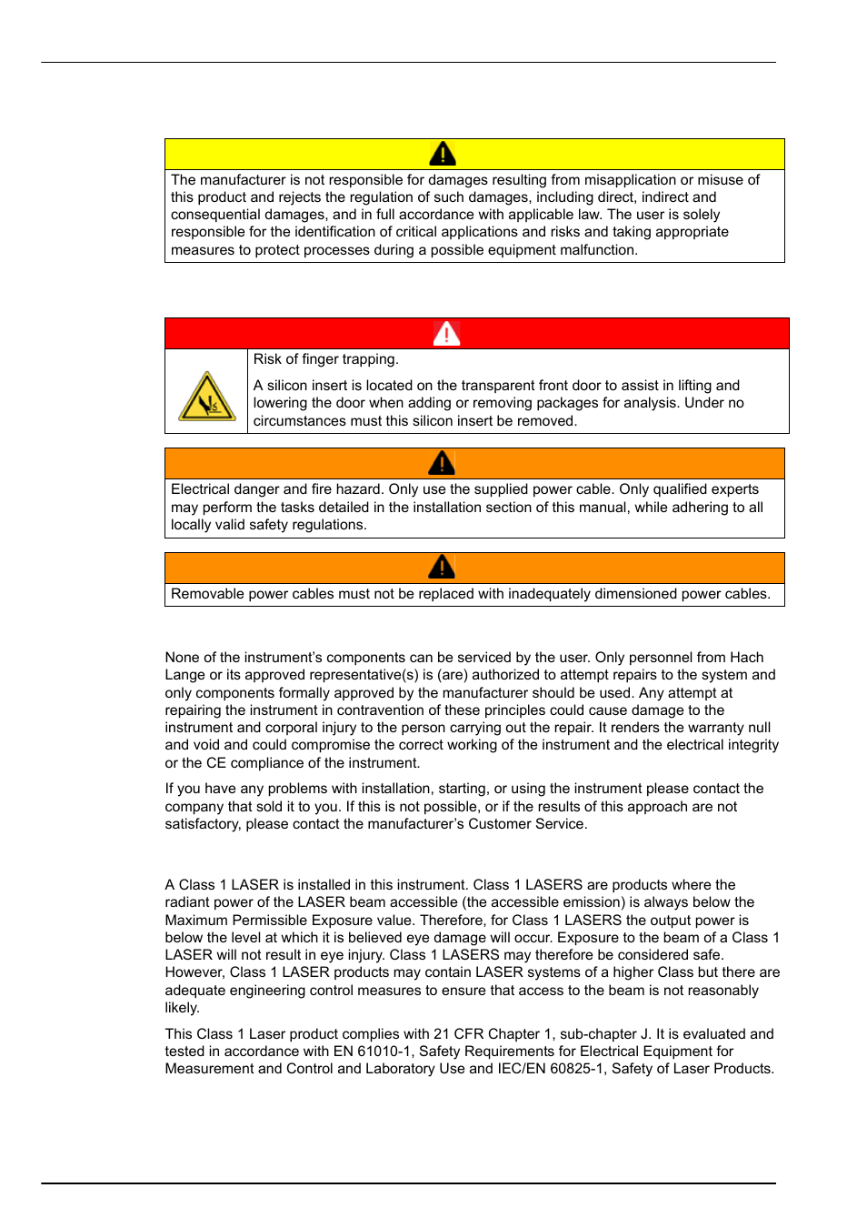 2 disclaimer, 3 safety precautions, 4 service and repairs | 5 class 1 laser | Hach-Lange ORBISPHERE 6110 User Manual User Manual | Page 8 / 76