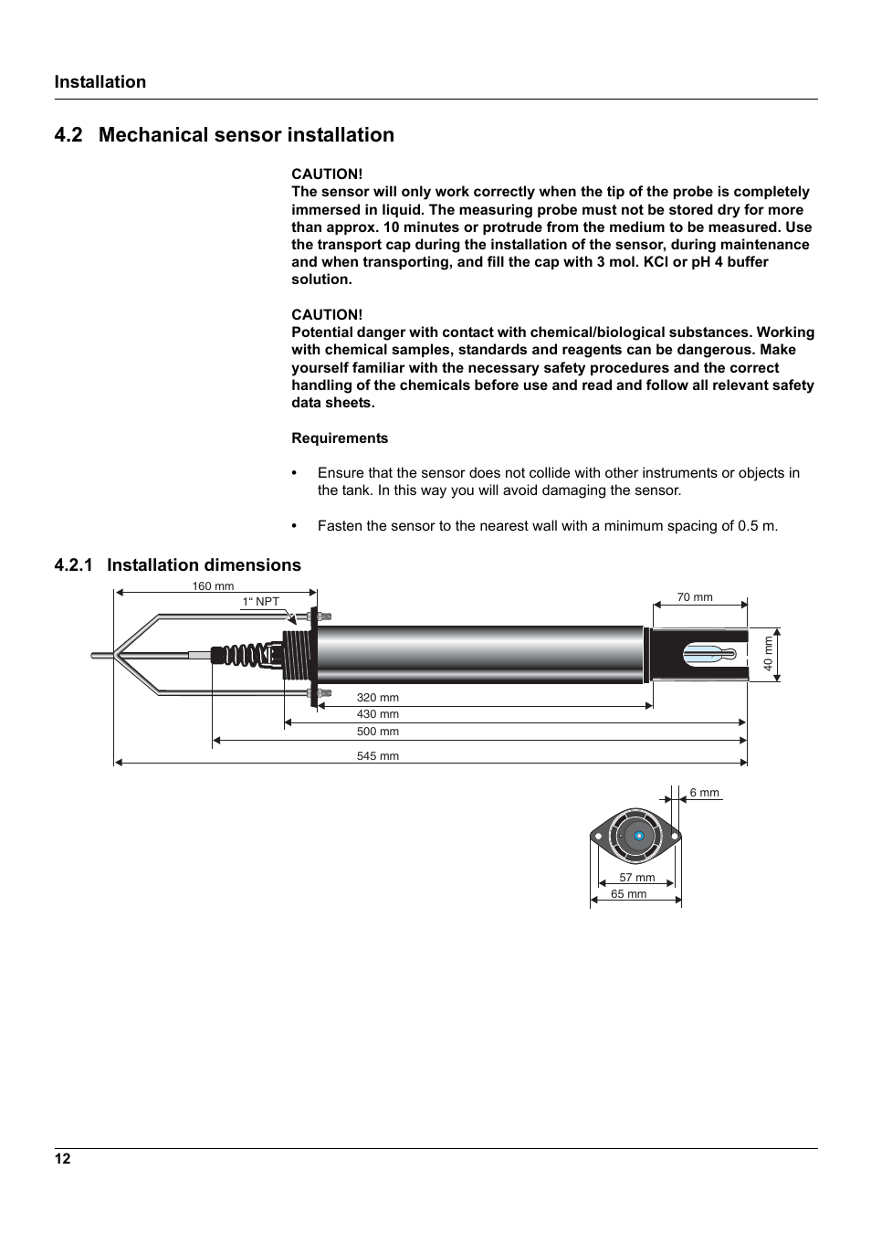 2 mechanical sensor installation, 1 installation dimensions, Installation | Hach-Lange 1200-S sc User Manual | Page 14 / 34