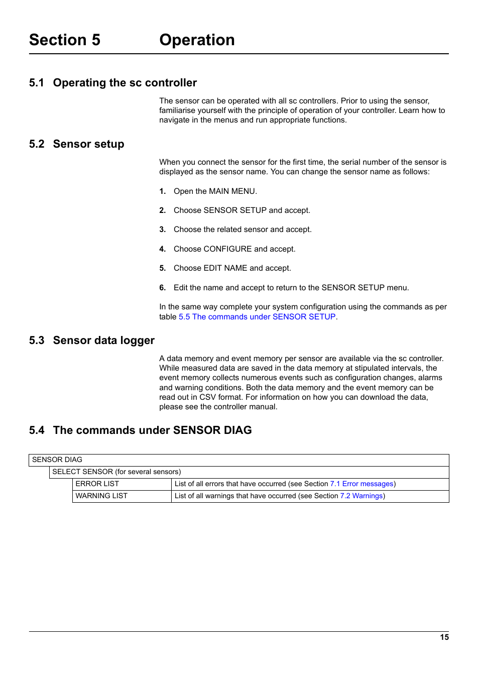 Section 5 operation, 1 operating the sc controller, 2 sensor setup | 3 sensor data logger, 4 the commands under sensor diag | Hach-Lange 1200-S sc User Manual | Page 17 / 34