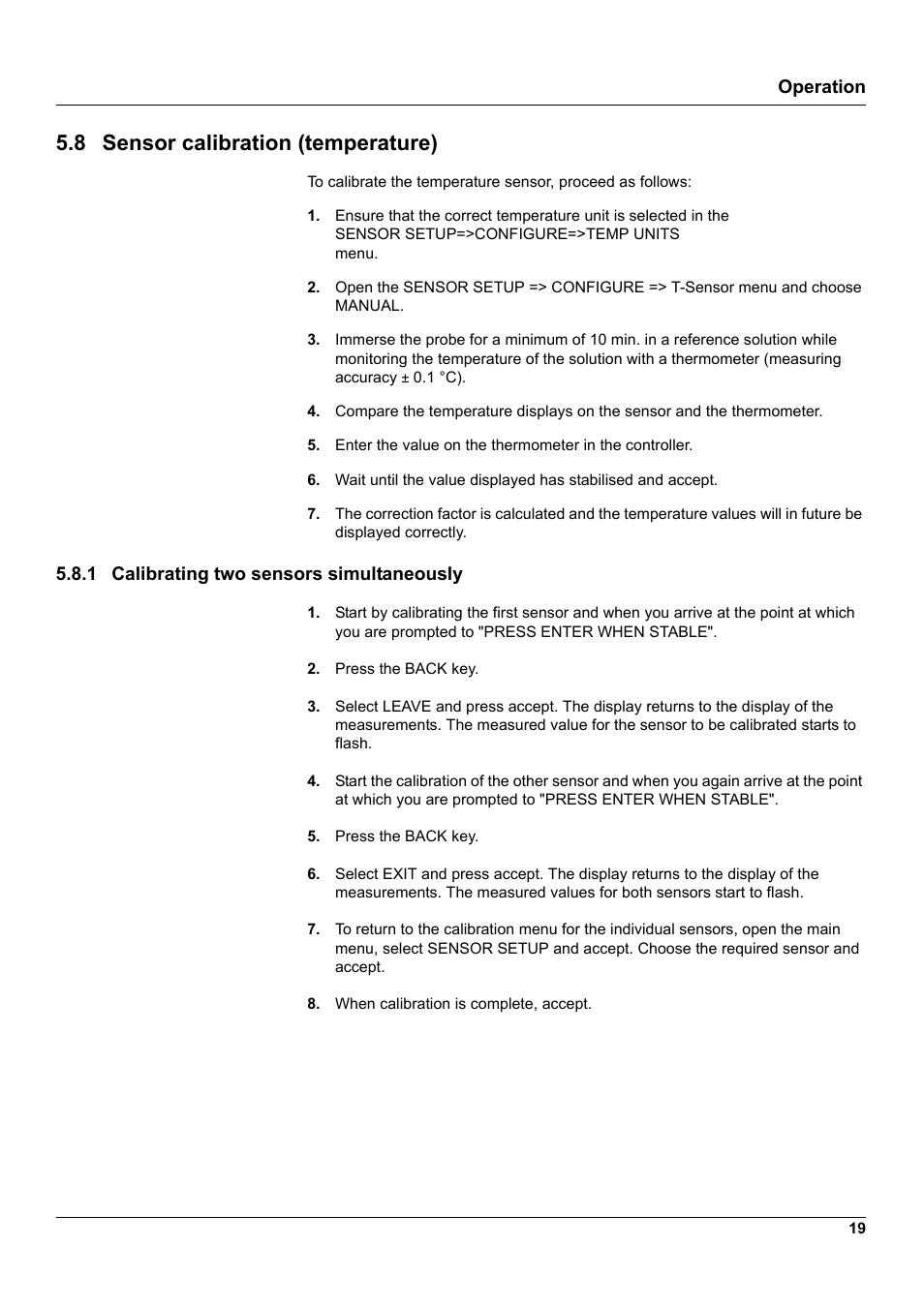 8 sensor calibration (temperature), 1 calibrating two sensors simultaneously, Operation | Hach-Lange 1200-S sc User Manual | Page 21 / 34