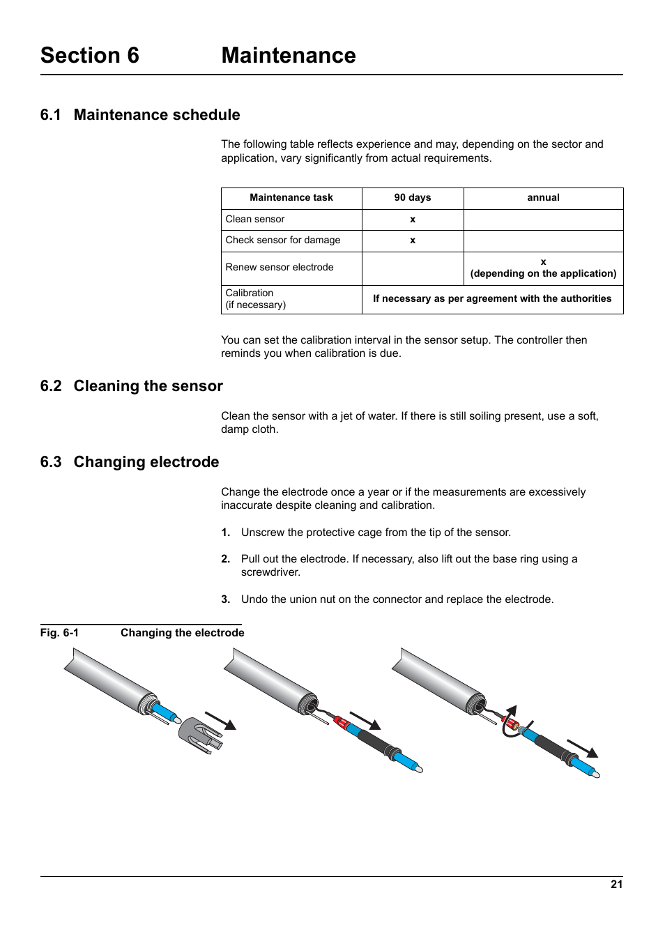 Section 6 maintenance, 1 maintenance schedule, 2 cleaning the sensor | 3 changing electrode | Hach-Lange 1200-S sc User Manual | Page 23 / 34