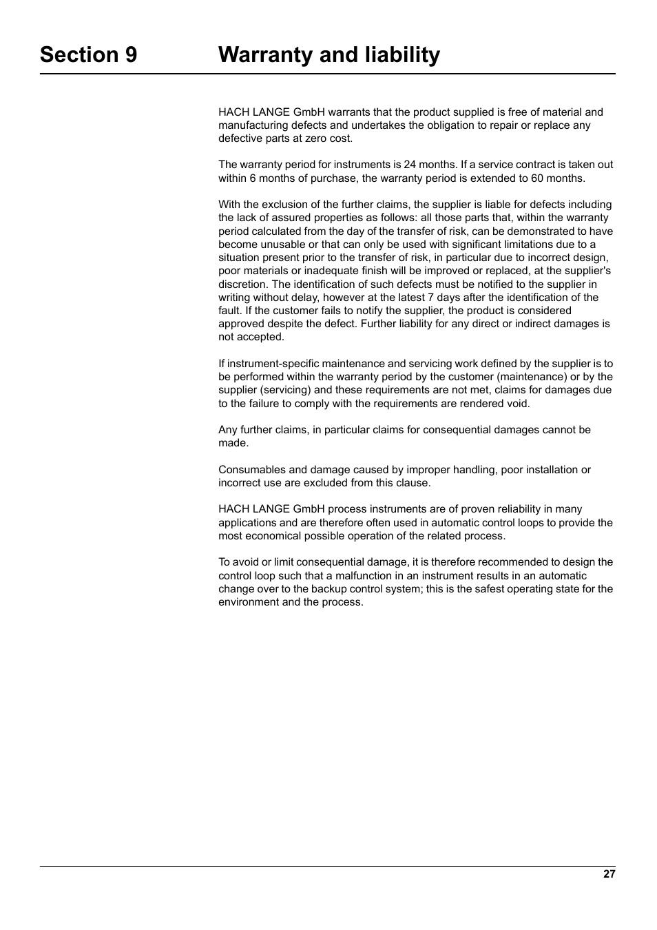 Section 9 warranty and liability | Hach-Lange 1200-S sc User Manual | Page 29 / 34