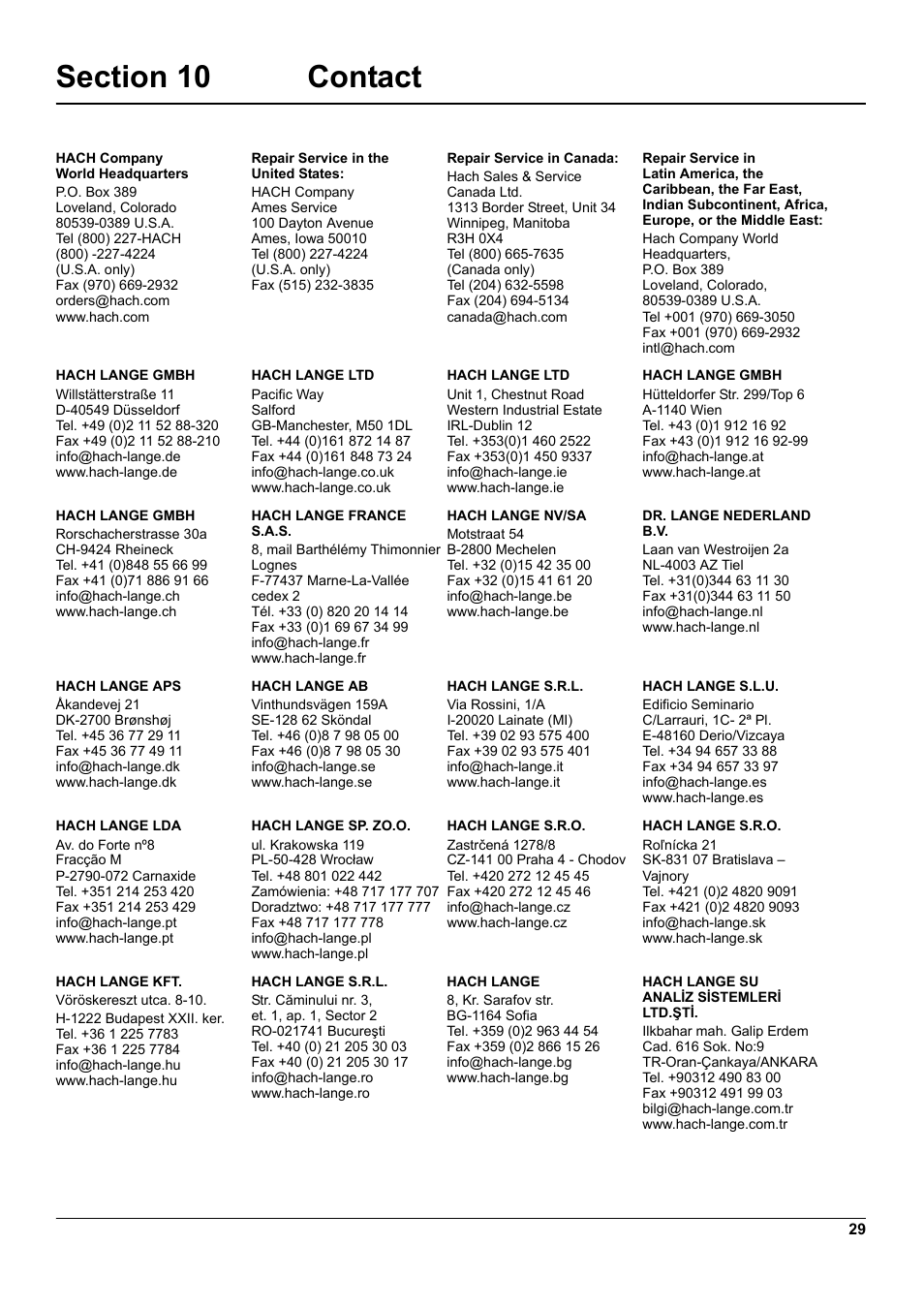 Section 10 contact | Hach-Lange 1200-S sc User Manual | Page 31 / 34