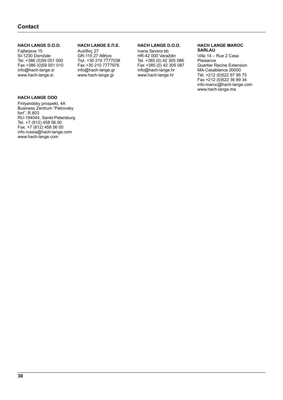 Contact | Hach-Lange 1200-S sc User Manual | Page 32 / 34
