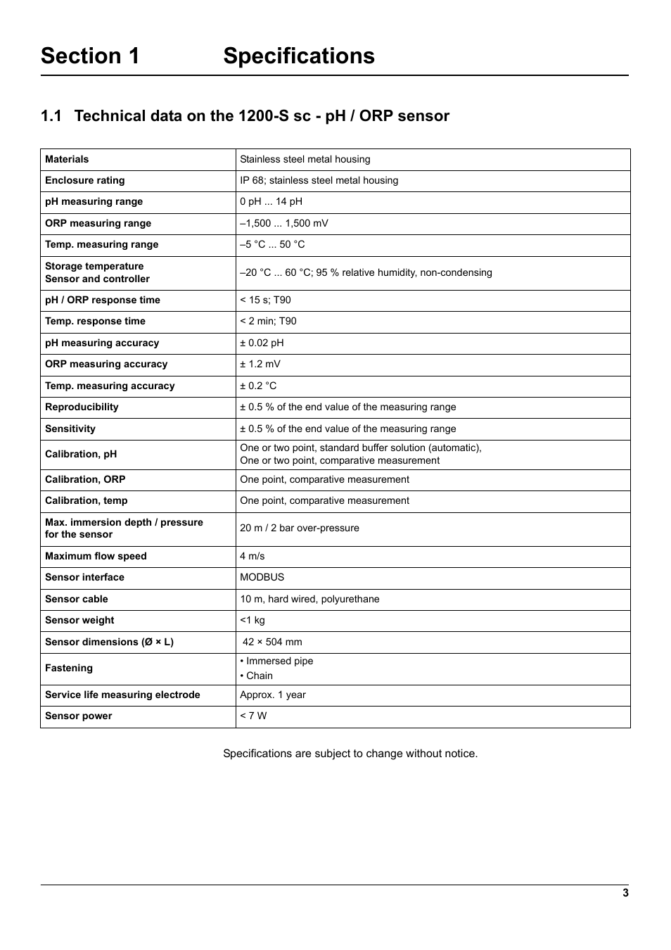 Section 1 specifications | Hach-Lange 1200-S sc User Manual | Page 5 / 34