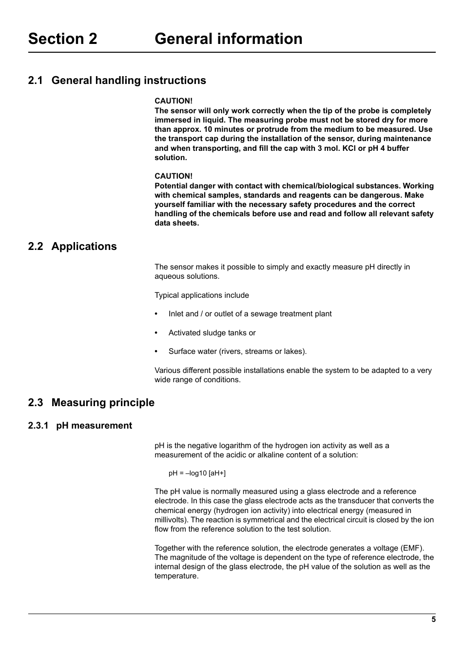 Section 2 general information, 1 general handling instructions, 2 applications | 3 measuring principle, 1 ph measurement | Hach-Lange 1200-S sc User Manual | Page 7 / 34