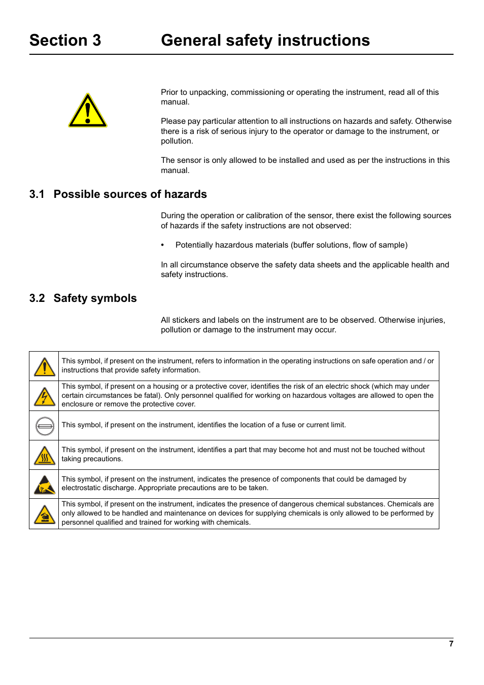 Section 3 general safety instructions, 1 possible sources of hazards, 2 safety symbols | 1 possible sources of hazards 3.2 safety symbols | Hach-Lange 1200-S sc User Manual | Page 9 / 34