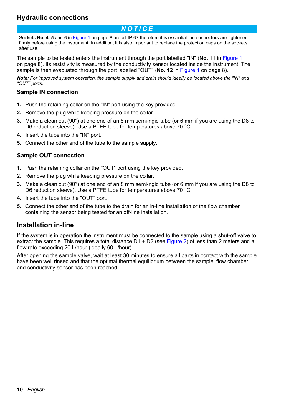 Hydraulic connections, Sample in connection, Sample out connection | Installation in-line | Hach-Lange POLYMETRON 9526 User Manual | Page 10 / 224