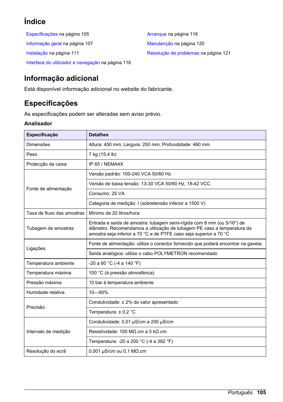 Manual do utilizador, Índice, Informação adicional | Especificações, Português | Hach-Lange POLYMETRON 9526 User Manual | Page 105 / 224