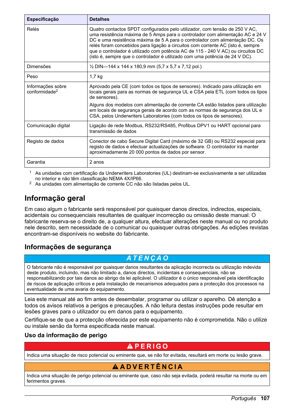 Informação geral, Informações de segurança, Uso da informação de perigo | Hach-Lange POLYMETRON 9526 User Manual | Page 107 / 224