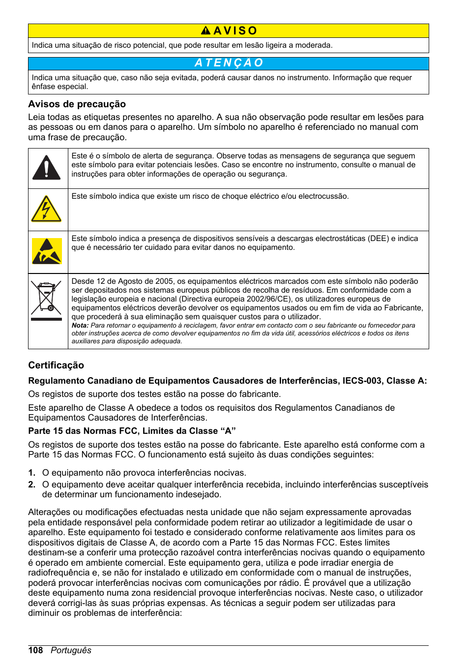 Avisos de precaução, Certificação | Hach-Lange POLYMETRON 9526 User Manual | Page 108 / 224
