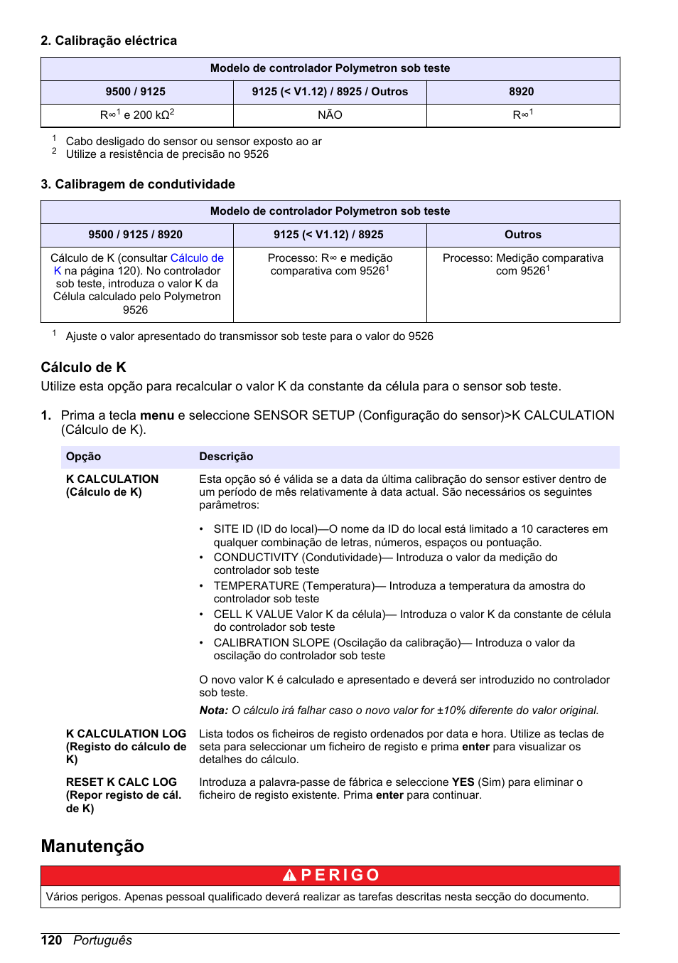 Cálculo de k, Manutenção | Hach-Lange POLYMETRON 9526 User Manual | Page 120 / 224