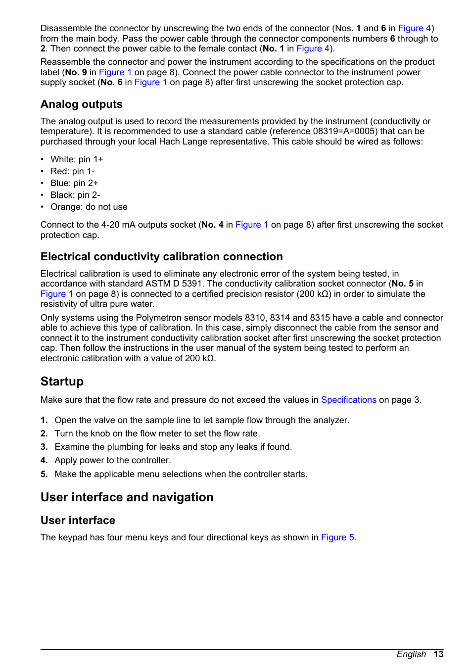 Analog outputs, Electrical conductivity calibration connection, Startup | User interface and navigation, User interface | Hach-Lange POLYMETRON 9526 User Manual | Page 13 / 224