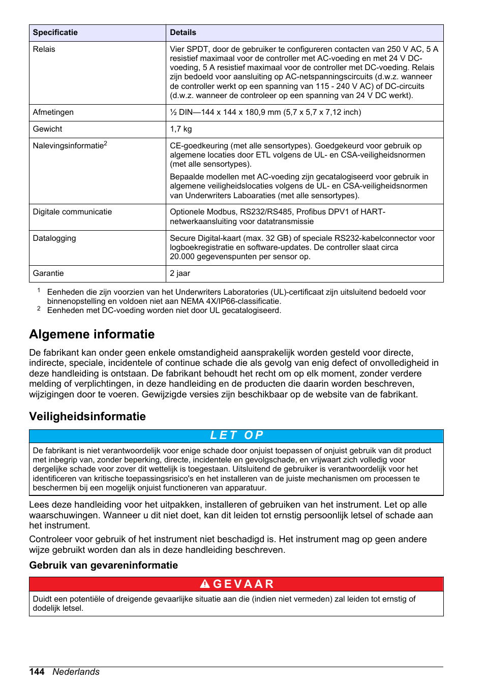 Algemene informatie, Veiligheidsinformatie, Gebruik van gevareninformatie | Hach-Lange POLYMETRON 9526 User Manual | Page 144 / 224