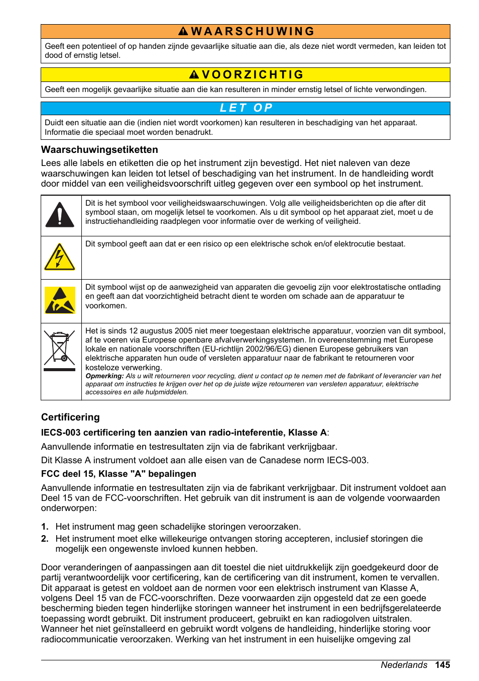 Waarschuwingsetiketten, Certificering | Hach-Lange POLYMETRON 9526 User Manual | Page 145 / 224