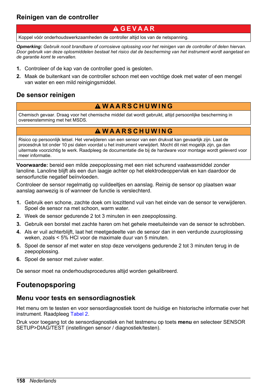 Reinigen van de controller, De sensor reinigen, Foutenopsporing | Menu voor tests en sensordiagnostiek | Hach-Lange POLYMETRON 9526 User Manual | Page 158 / 224