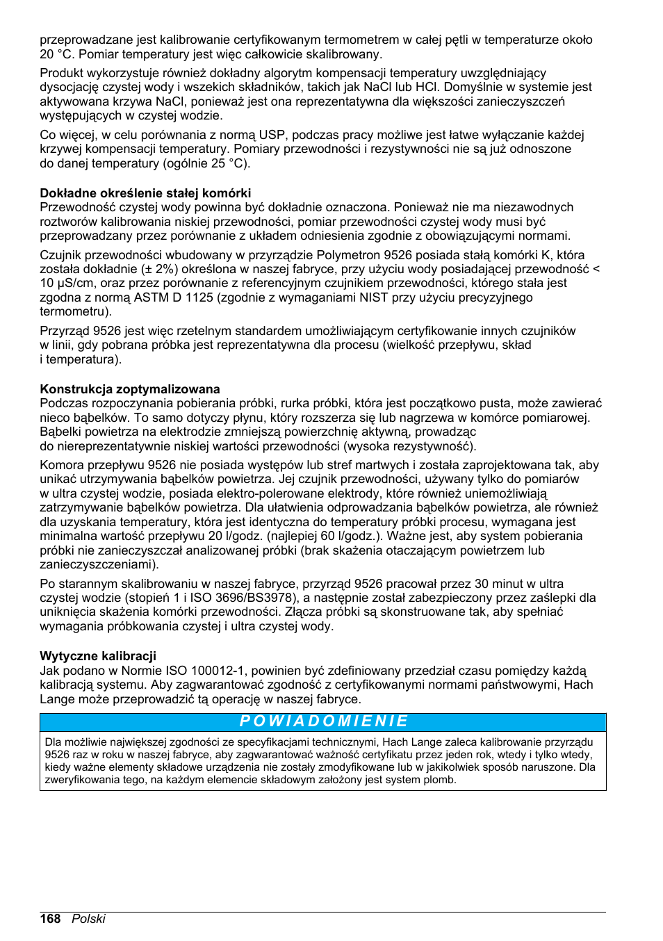 Dokładne określenie stałej komórki, Konstrukcja zoptymalizowana, Wytyczne kalibracji | Hach-Lange POLYMETRON 9526 User Manual | Page 168 / 224