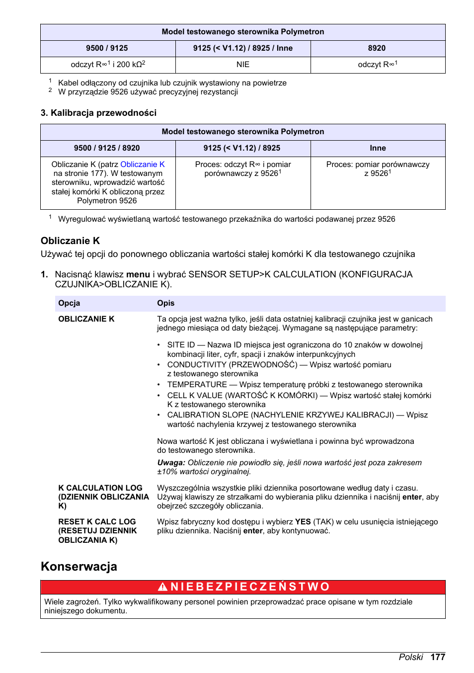 Obliczanie k, Konserwacja | Hach-Lange POLYMETRON 9526 User Manual | Page 177 / 224