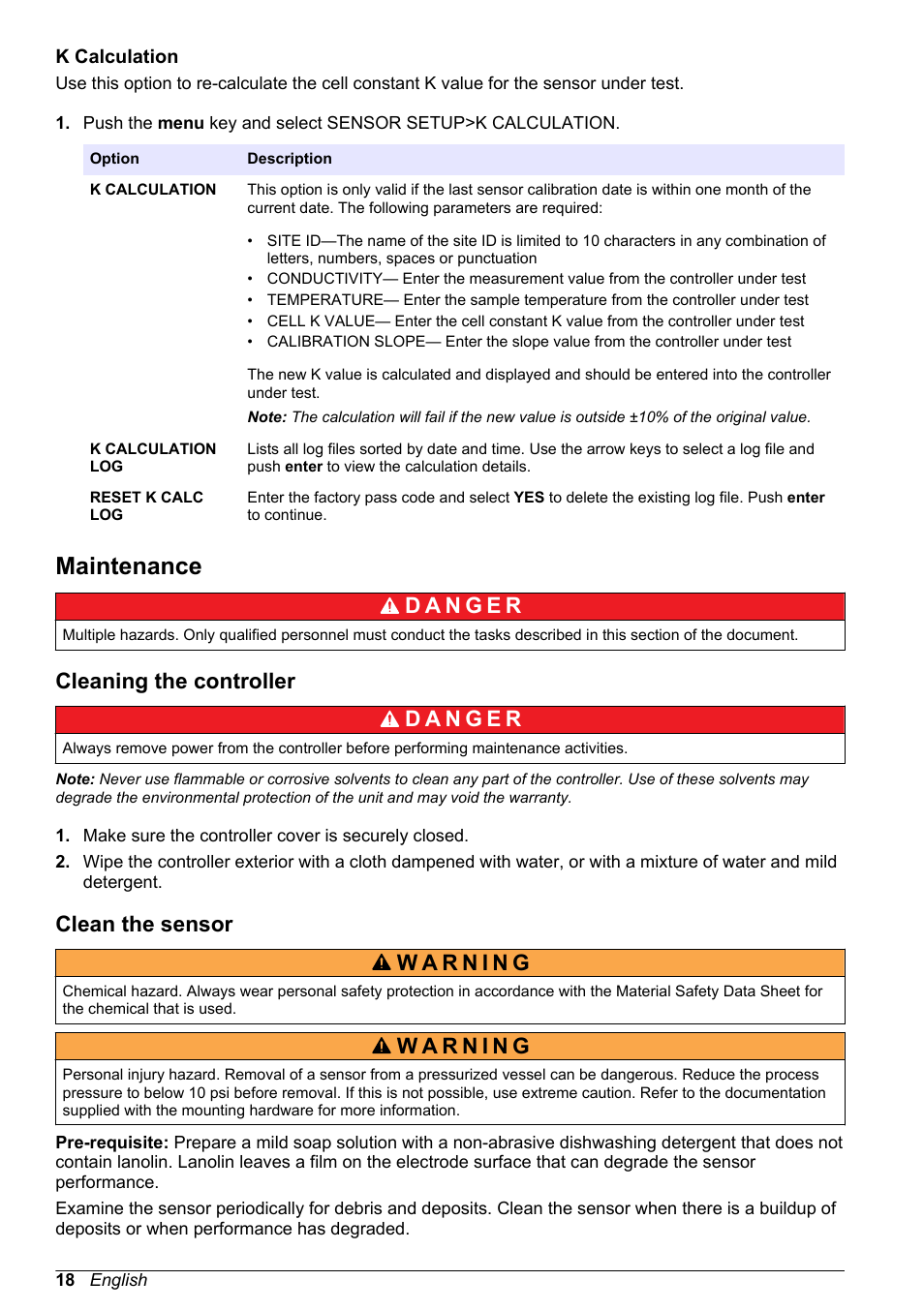 K calculation, Maintenance, Cleaning the controller | Clean the sensor | Hach-Lange POLYMETRON 9526 User Manual | Page 18 / 224