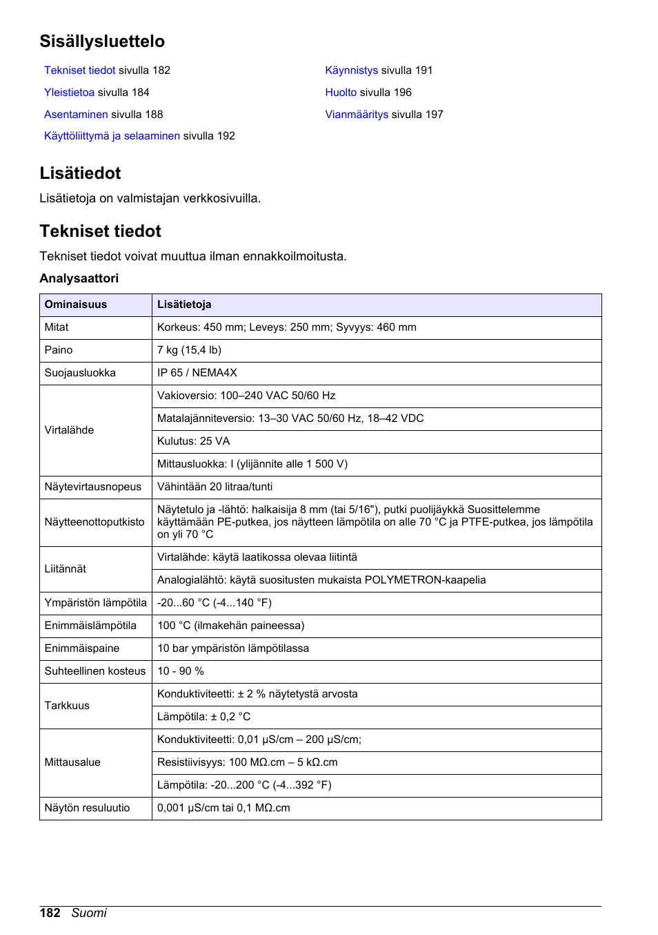 Käyttäjän käsikirja, Sisällysluettelo, Lisätiedot | Tekniset tiedot, Suomi | Hach-Lange POLYMETRON 9526 User Manual | Page 182 / 224