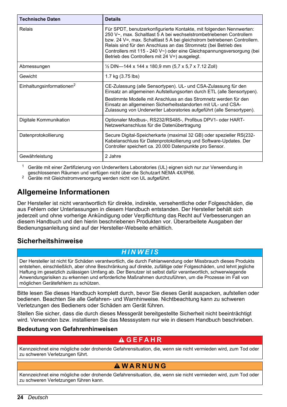 Allgemeine informationen, Sicherheitshinweise, Bedeutung von gefahrenhinweisen | Hach-Lange POLYMETRON 9526 User Manual | Page 24 / 224